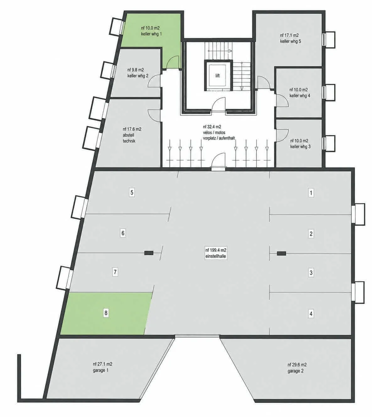 Plan Untergeschoss mit Einstellhalle und Kellerräumen